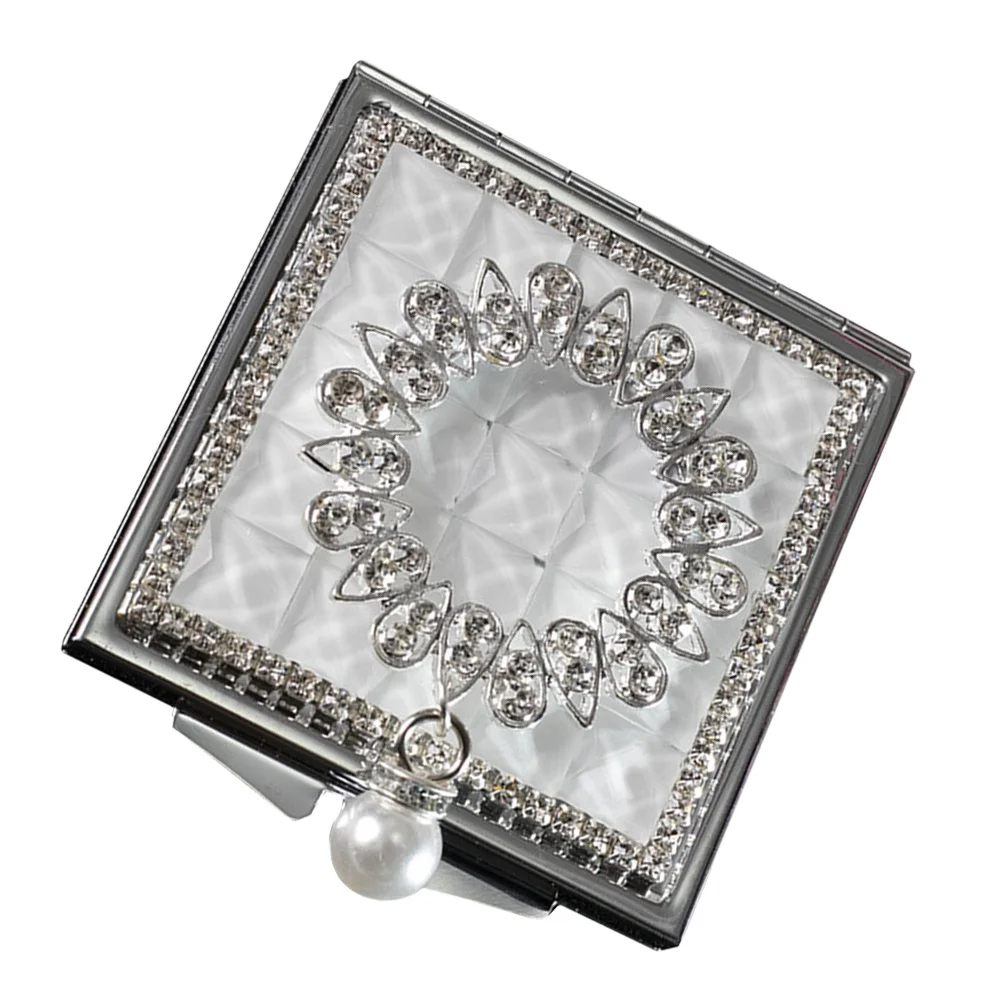 

1Pcs Metal Small Square Folding Double-Sided Mirror Portable Makeup Mirror Travel Handheld Compact Pearl Pendant