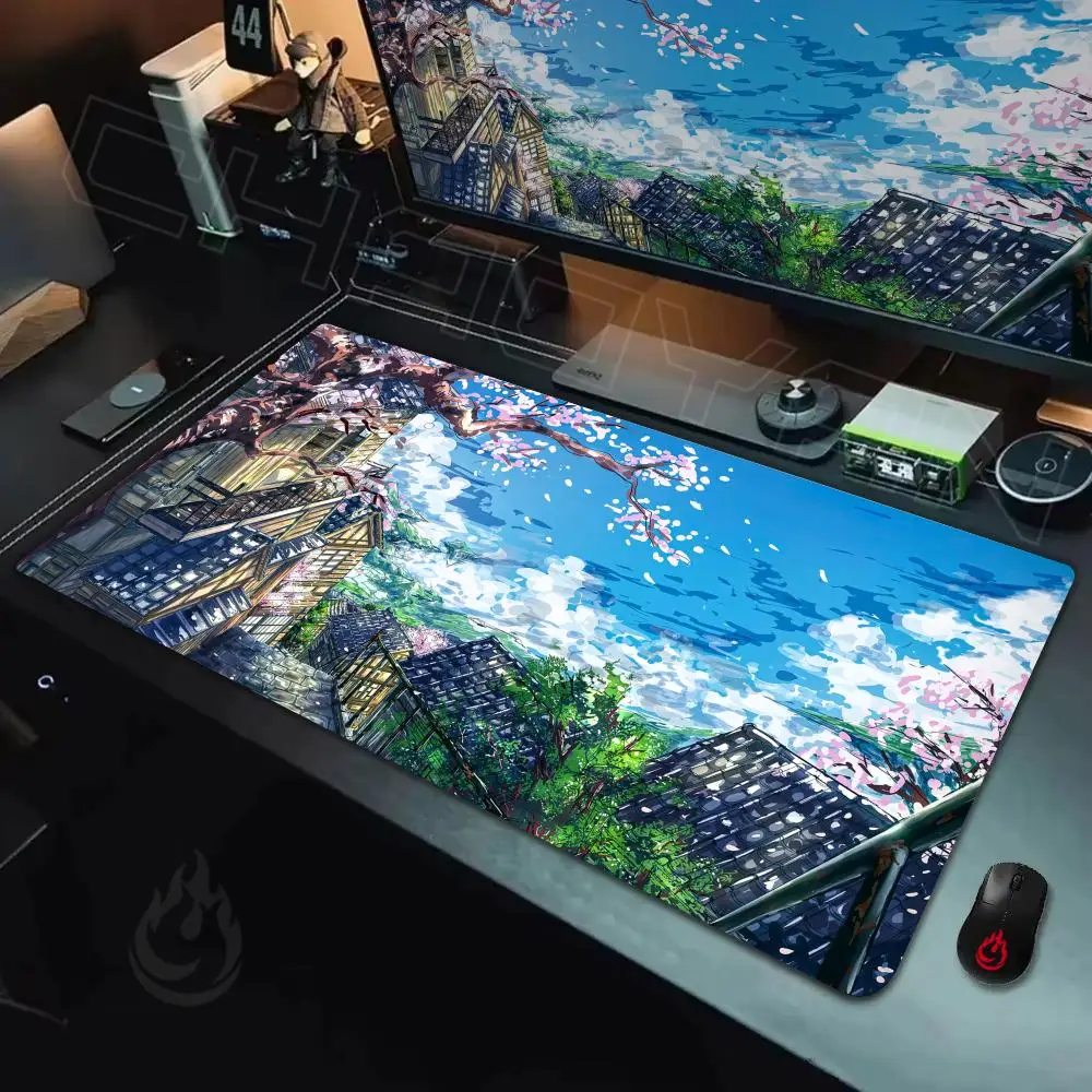 

Коврик для мыши с изображением аниме-пейзажа с цветущей вишней, нескользящий, прочный, для офиса и игр, с прошитыми краями, HD-печать