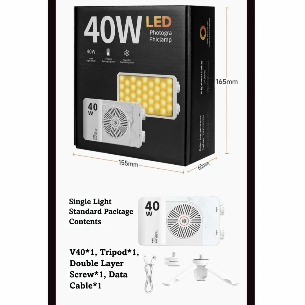 Luz de câmera LED de 40W com temperatura de cor dupla 0-100% ajustável 2800K-9000K 40W COB luz de vídeo portátil de bolso