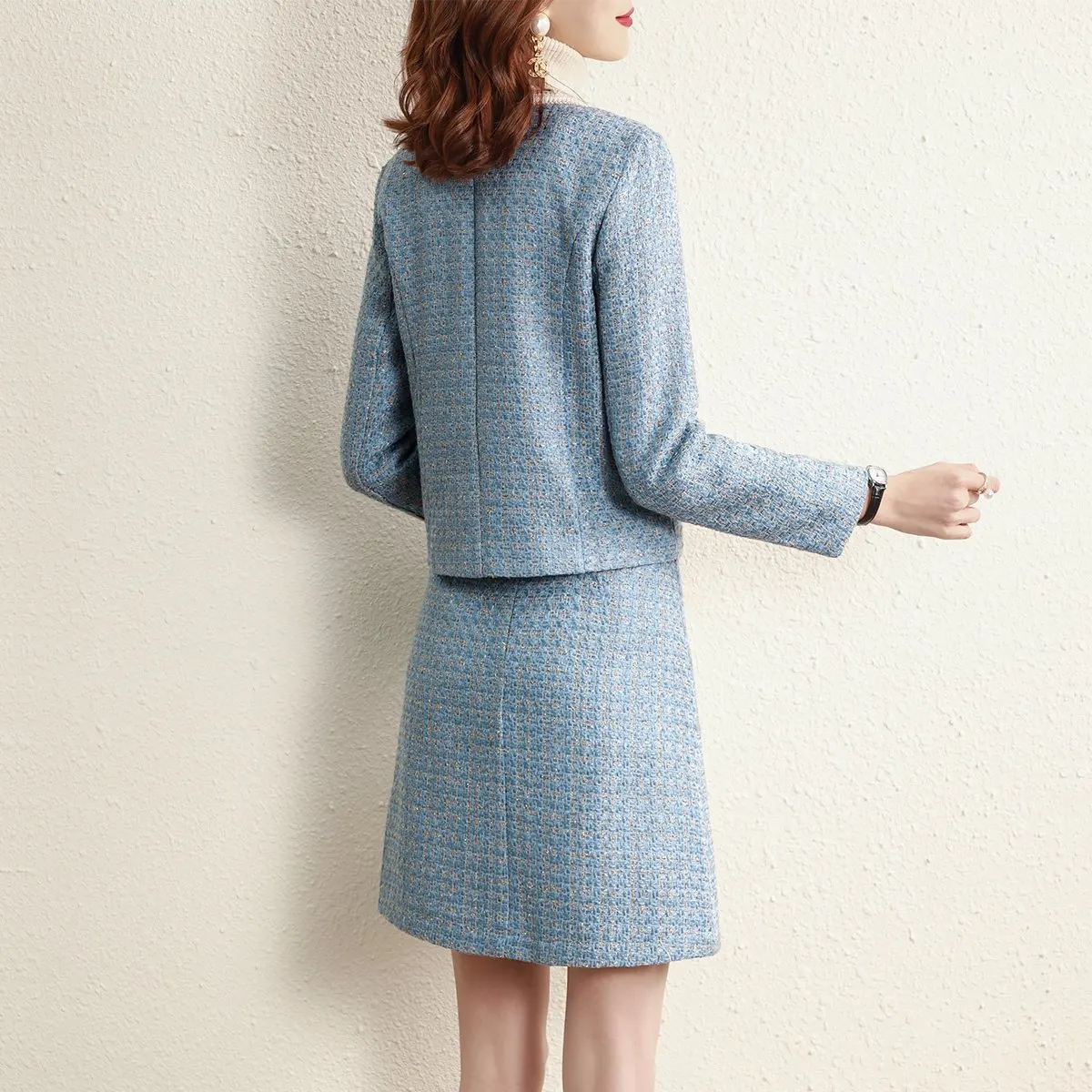 Blue coarse woolen two-piece jacket+high waisted skirt 2026 new spring and autumn small fragrance style temperament set