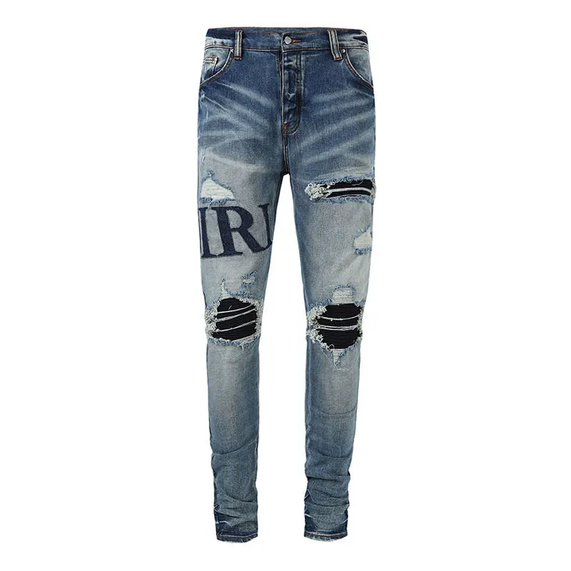 High Street Fashion Men's High Quality Jeans Vintage Wash Blue Elastic Tight Spliced Split Jeans Black Patch Designer Hip Hop Br