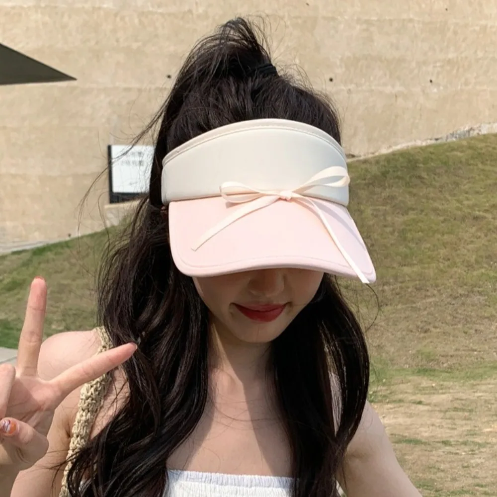 Simple Ribbon Bow Sun Hat Anti-UV Korean Style Empty Top Cap Peaked Hat Sunscreen Bowknot Visor Cap Women