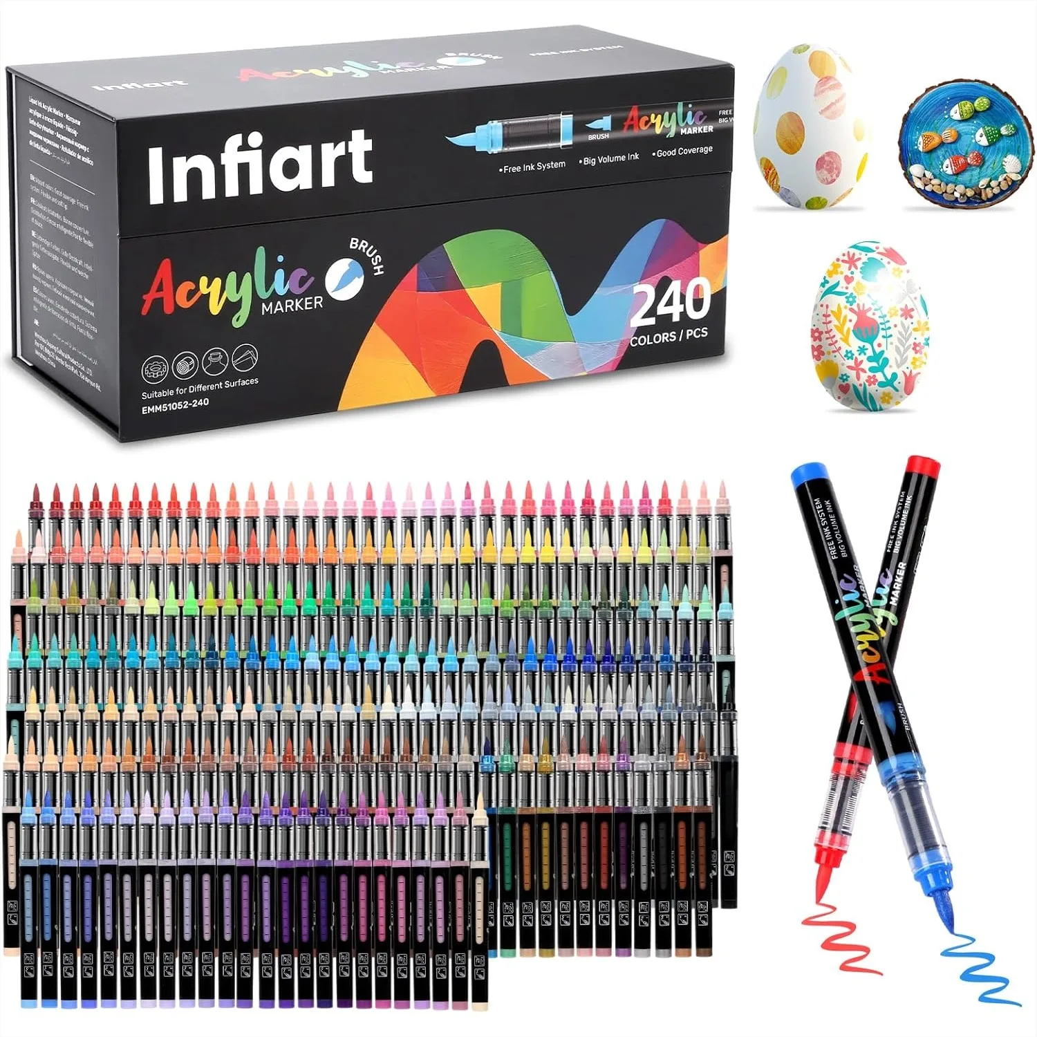 

240 Acrylic Paint Markers with Brush Tip, Automatic Ink Control Pens for Rock, Wood, Glass, DIY Art Supplies