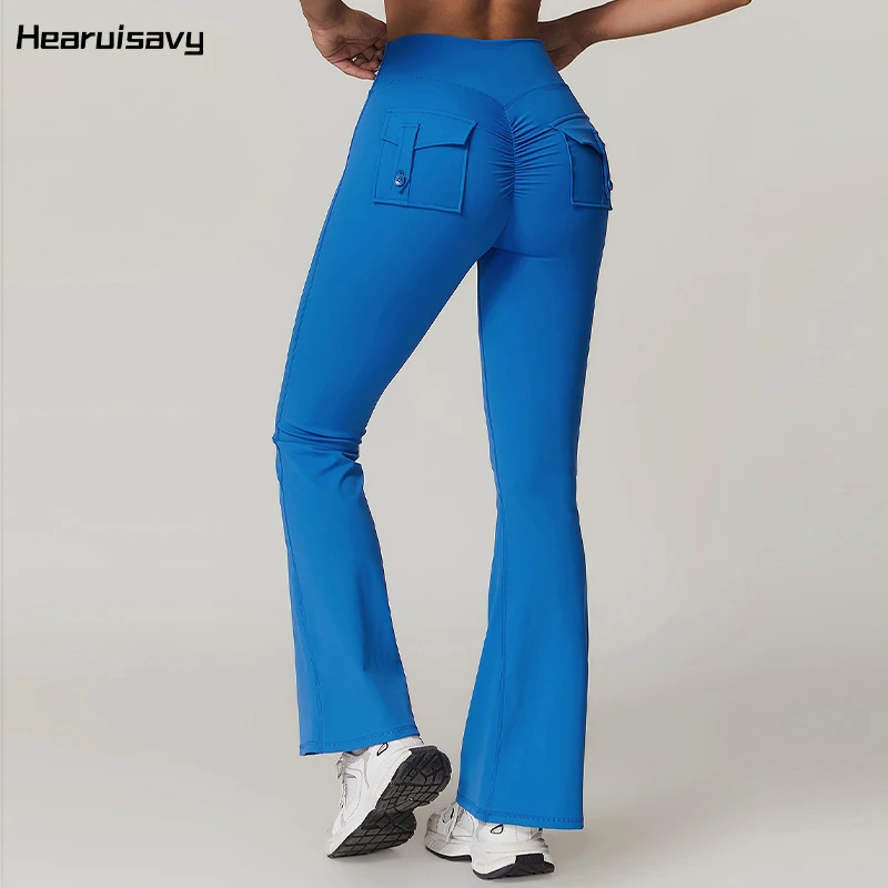 Hearuisavy pantaloni da Yoga con tasca larga Casual pantaloni svasati a vita alta Sexy pantaloni sportivi da Fitness da donna pantaloni da ballo