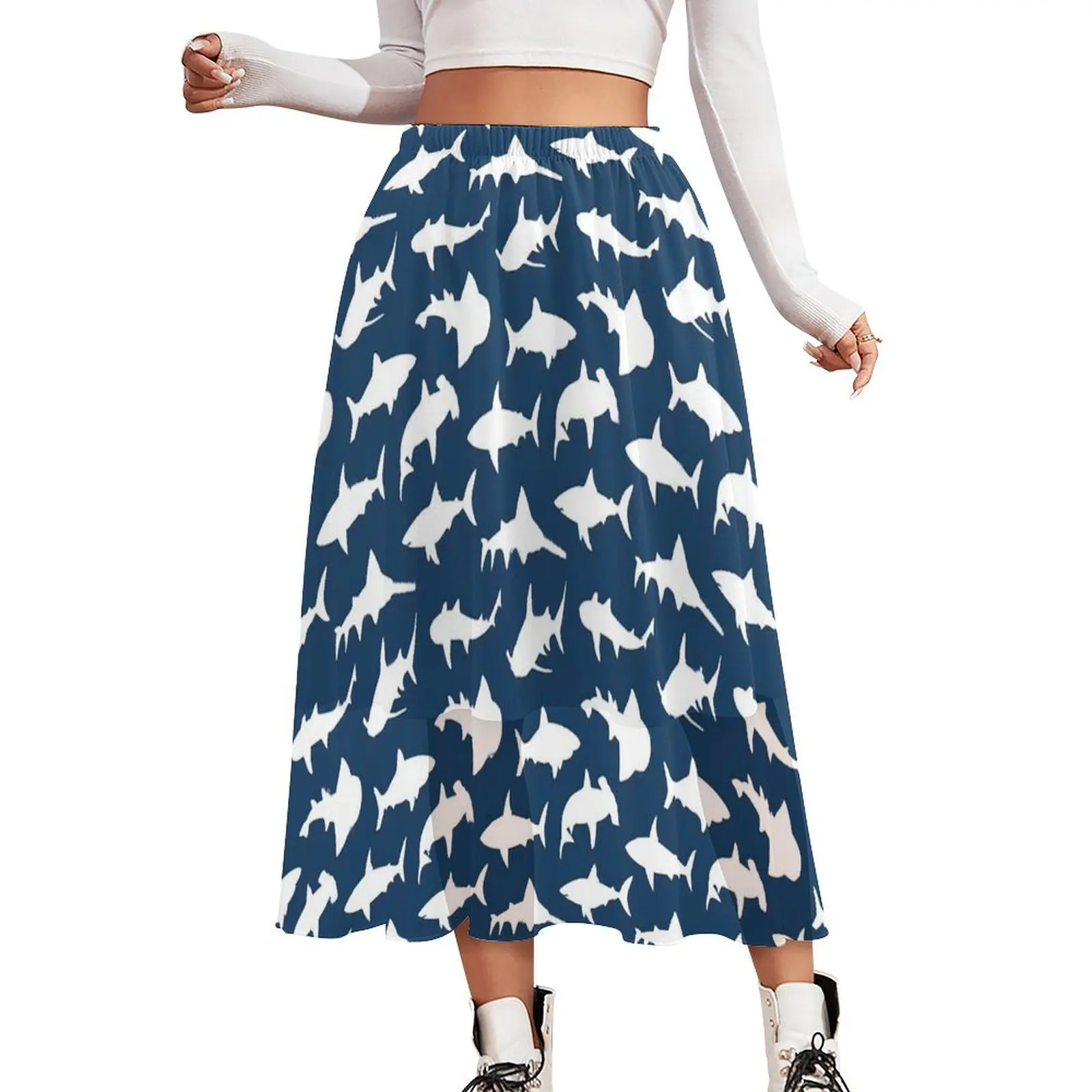 Sharks on Navy Blue Skirt Animal Print Modern Boho Skirts Summer Fashion Elastic Waist Chiffon Custom Oversized Casual Skirt