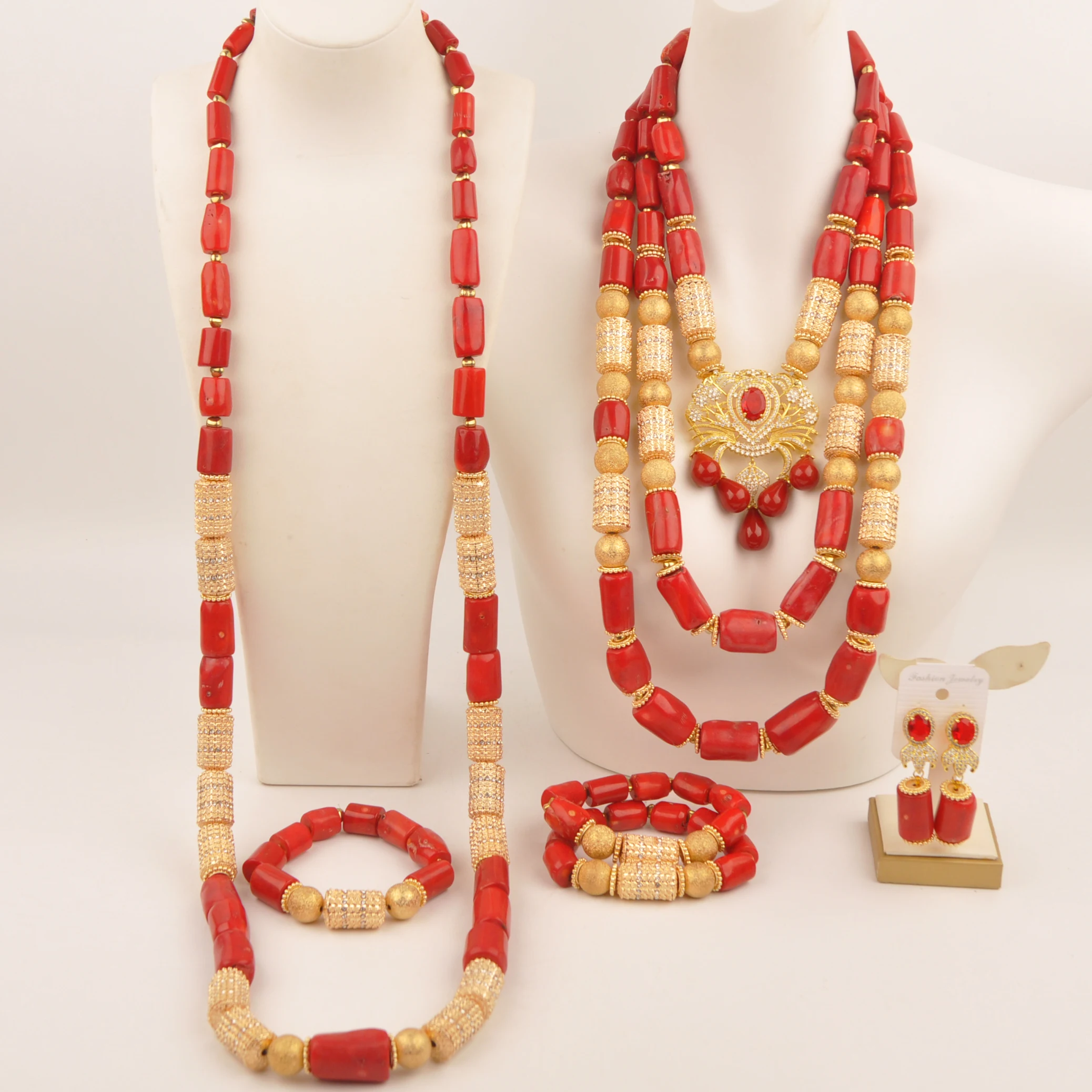 

Red Coral Bead African Jewelry Set Women+Men Sets