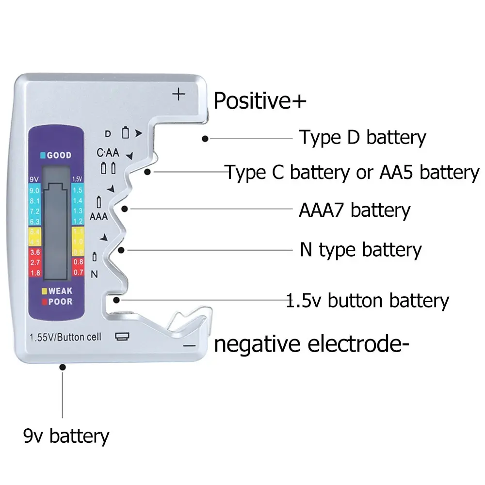 1pcs Digital Battery Tester C D N AA AAA 9V 1.5V Button Cell Capacity Check Detector LCD Display Capacitance Diagnostic Tool