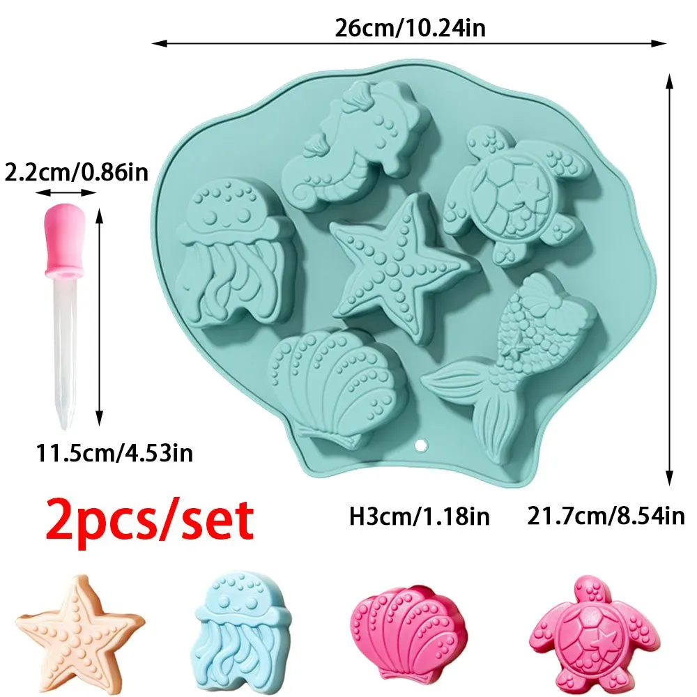 2pcs Ocean Silicone Mold Set with Dropper Seahorse Jellyfish Turtle Mermaid DIY Candle Soap Resin Clay Craft Tool for Home Decor