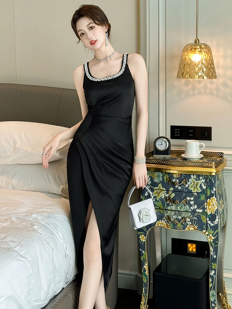 Dames elegante mode luxe lange jurken chique diamanten laag uitgesneden plooien hoge split zwarte jurk feestjurk prom vestidos banket