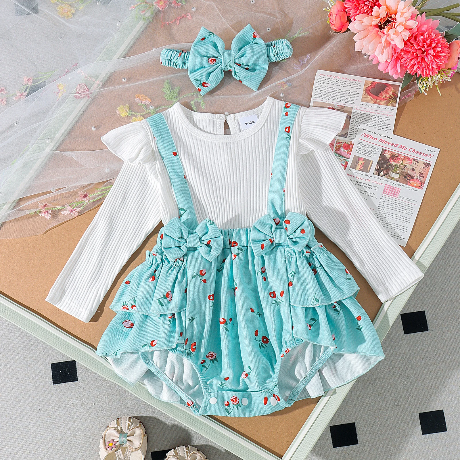 3PCS Autumn New Style 0-1 Year Old Girl Newborn Sweet And Cute Round Collar White Top + Strap Pants Set