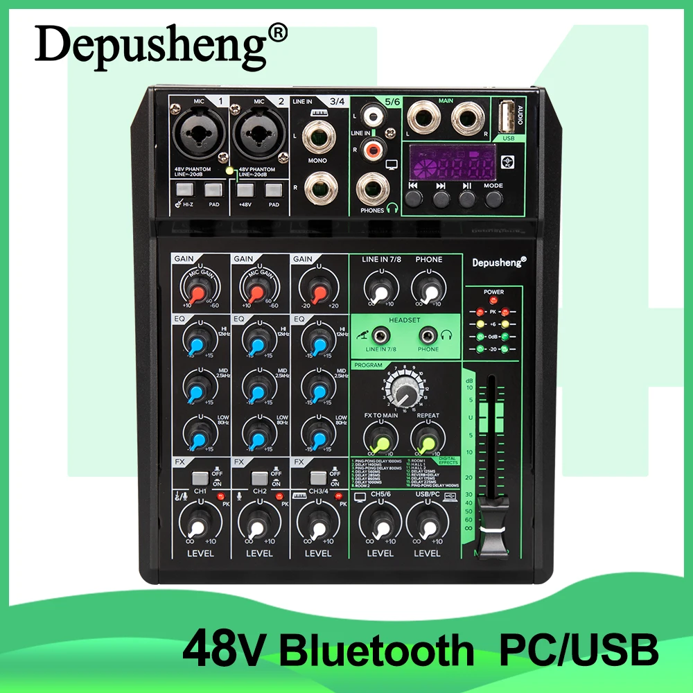 Mixer Audio Depusheng F4+ Professional 8 Channel Portable Sound Mixing Console 48V Phantom 16DSP Bluetooth USB PC Play Record