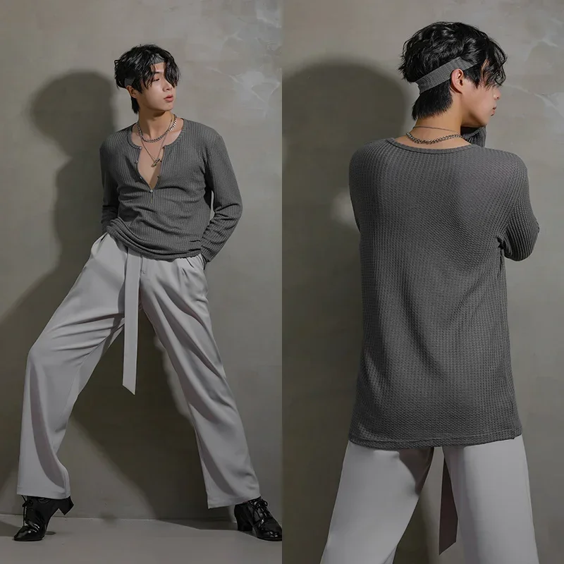 Latin Dance Tops Men Long Sleeves Loose Practice Wear V Neck Black/White/Brown/Grey T Shirt Rumba Cha Cha Dance Clothes BL9019