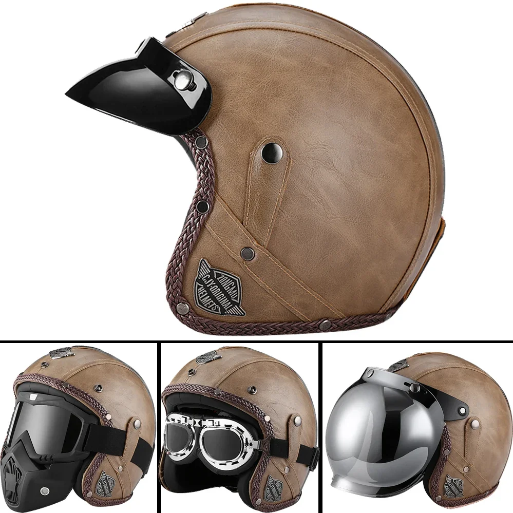 

Vintage Leather Open Face Motorcycle Helmet Retro Handmade Open Half Helmet Jet Scooter 3/4 Chopper Casco Moto Vespa Motocross