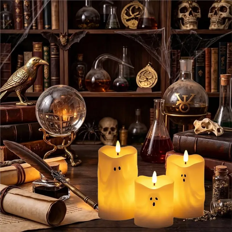 ABYN-6PCS Halloween Ghost Flameless Taper Candles With Remote And Timer Led Candlesticks With 3D Wick Halloween Fake Candle