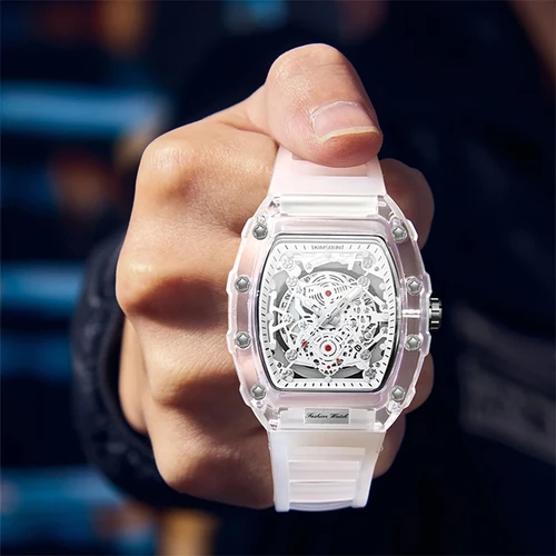 Imagen 2 del producto Reloj informal a la moda para hombre, función de calendario luminoso, correa de silicona, caja transparente en forma de Tonneau, Reloj de cuarzo para hombre