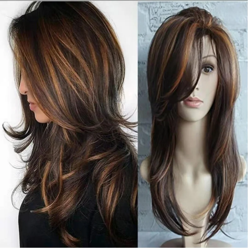 جديد النمط الأوروبي والأمريكي متموج للنساء، شعر مستعار بني طويل مجعد الاصطناعية