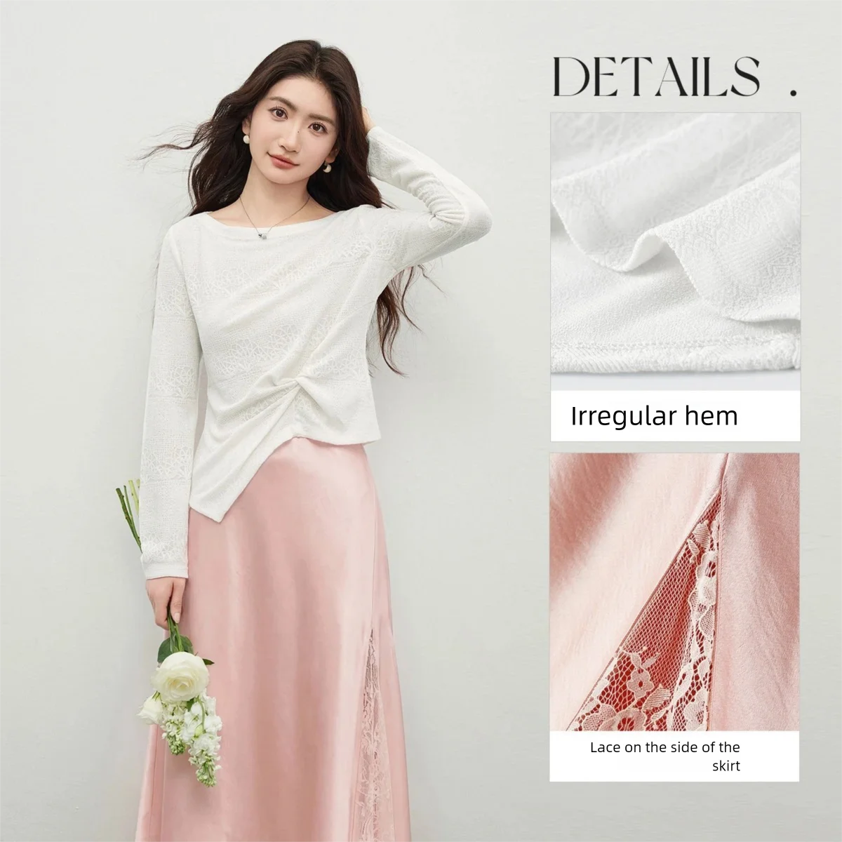 SENTUBILA Women Jacquard Knit Top with Satin-Like Lace Splicing Mermaid Long Skirt Set 2026 Summer Elegant Office 161ZK7094Z view 3