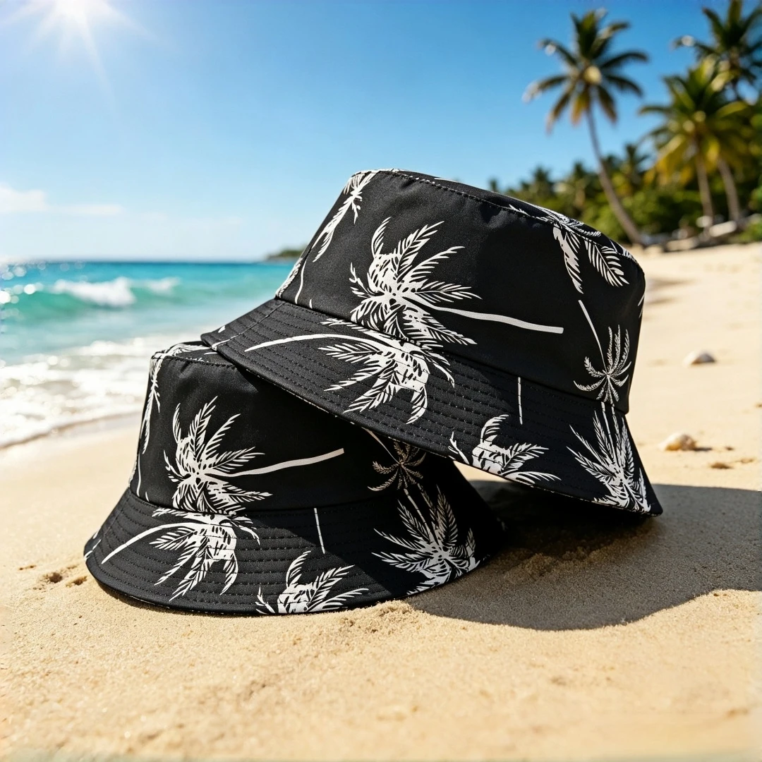 Tropical Palm Tree Print Bucket Hat for Men Women Black White Coconut Pattern Fisherman Cap Lightweight Foldable Beach Sun Hat O