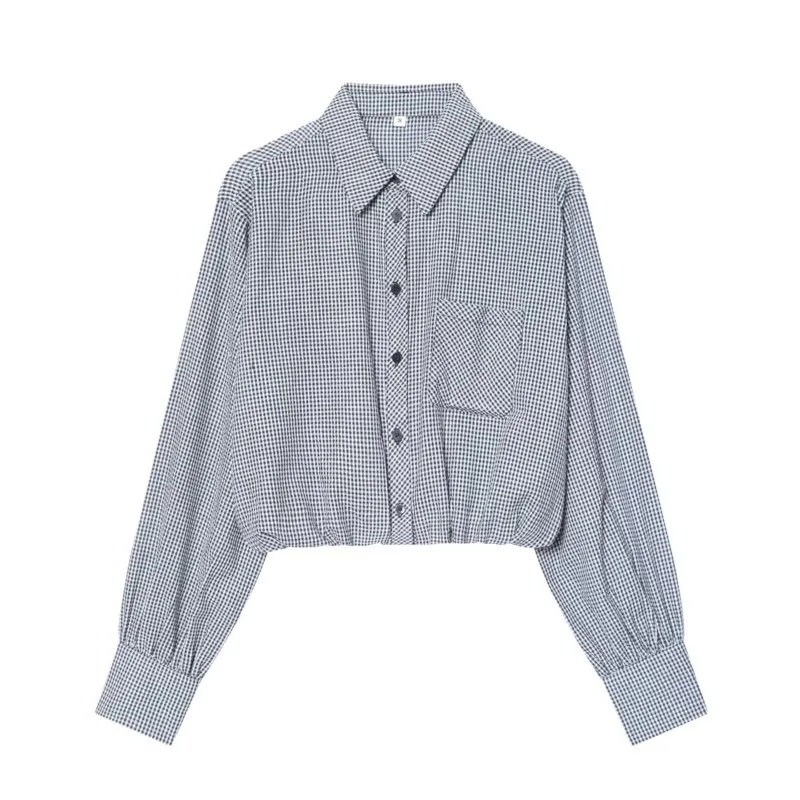 

Women Small Plaid Balloon Shirt Collar Long Sleeves Pocket With Elastic Band Shirts Casual Fashion Lady Blouses