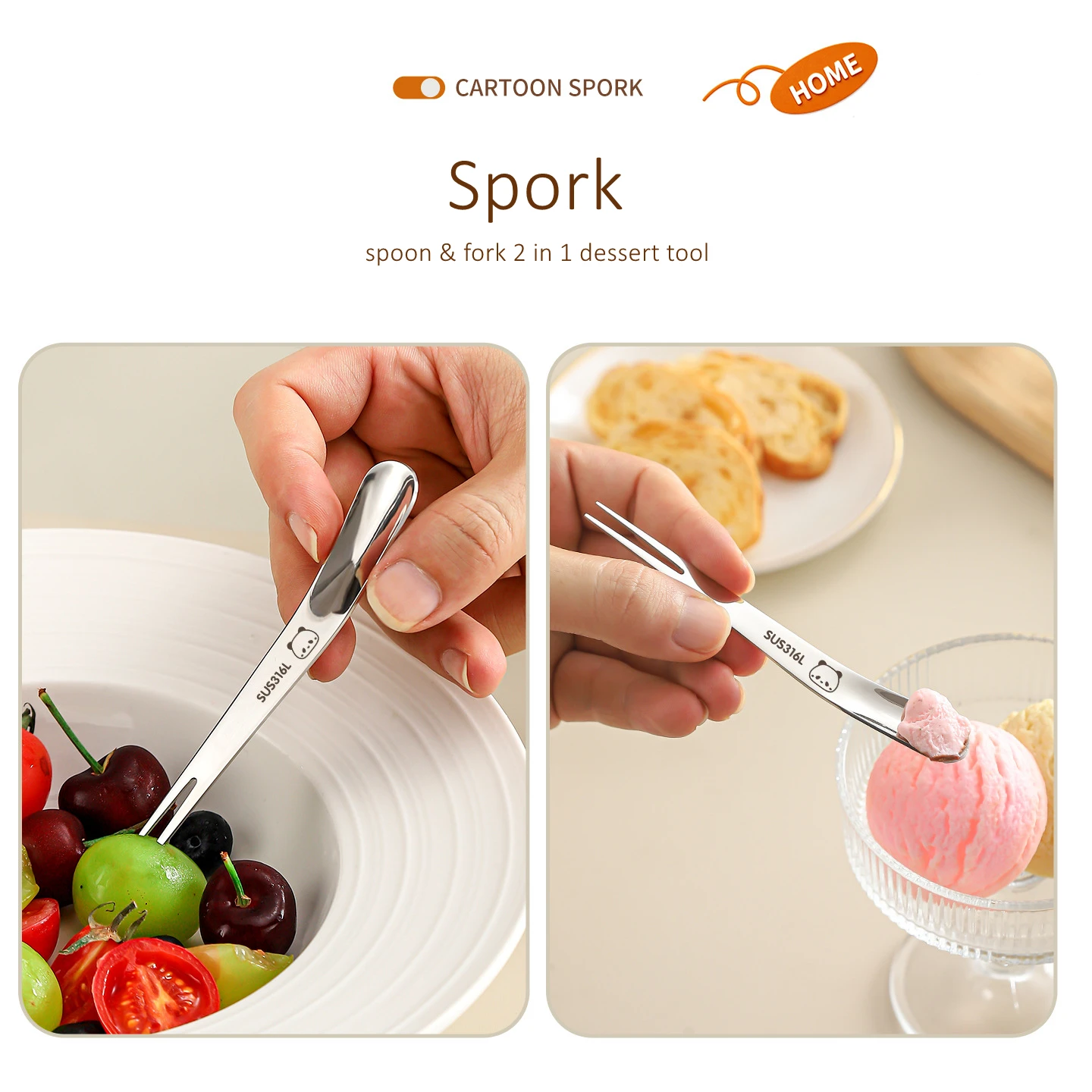 Snainy LFGB Certification Pure 316L Stainless Steel Dessert Spork 99.9% Anti-bacterial Fork and Spoon 2 in 1 Ice Cream Scooper
