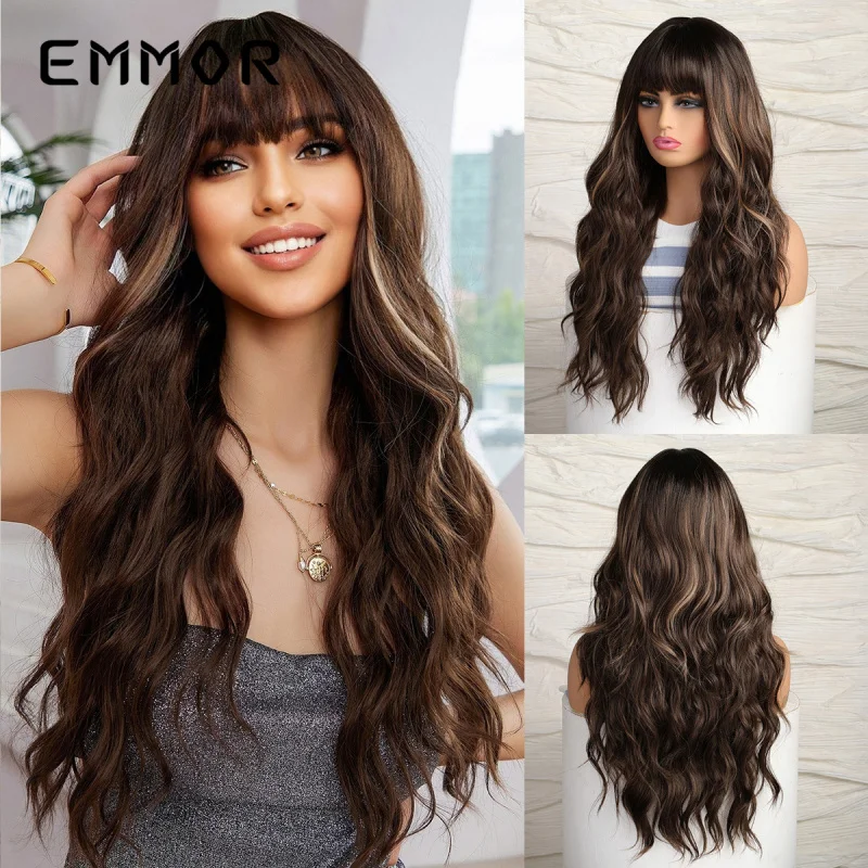 New style highlighted brown long wavy curly wig with bangs, full head hairstyle