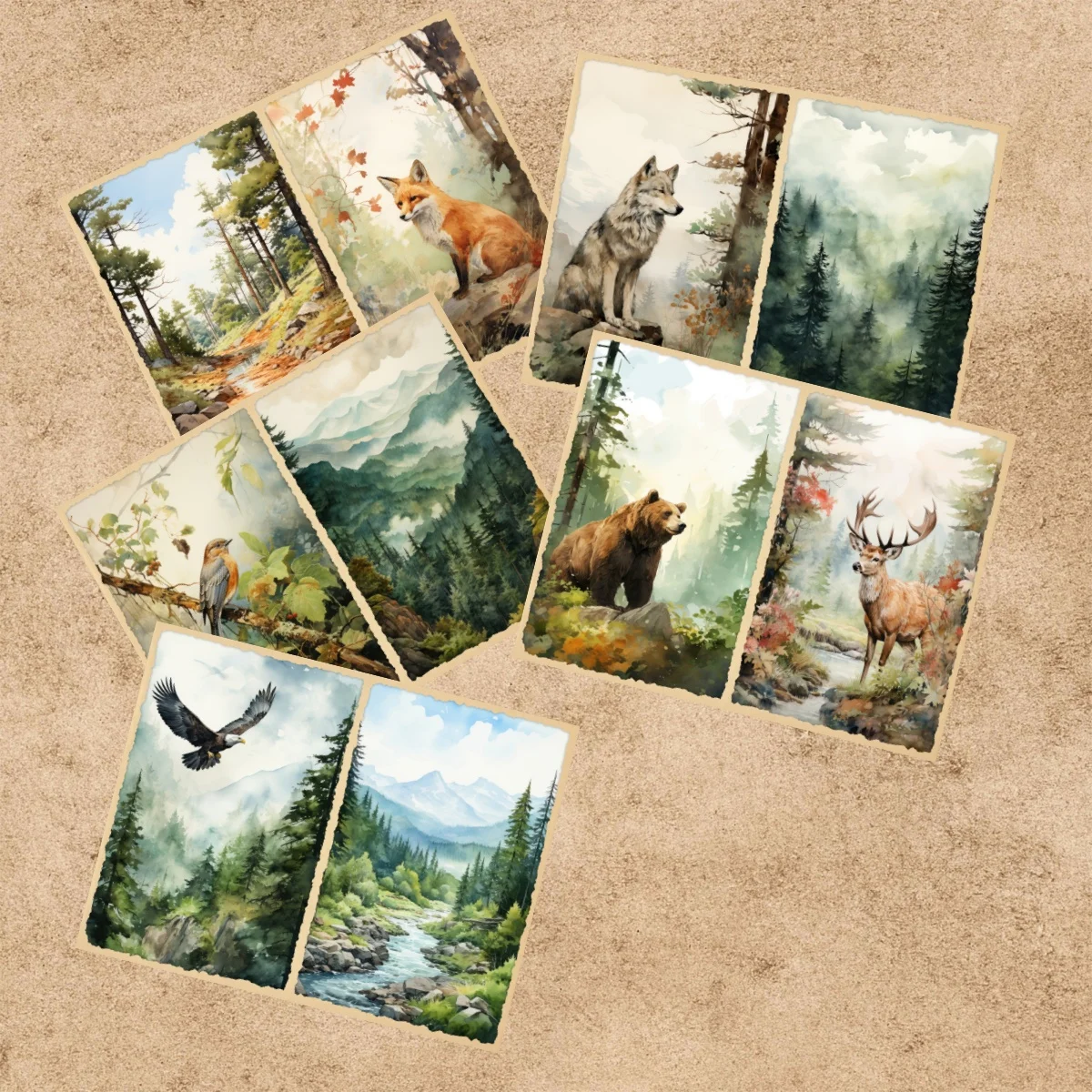 10 Sheets A5 Size Forest Animals Fox Eagle White Wolf Background Vintage Grunge Journal Planning Scrapbooking