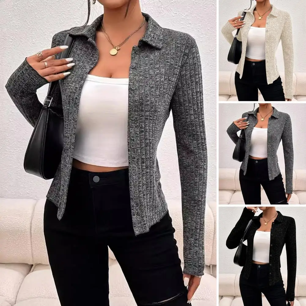 Solid Color Cardigan Elegant Lapel Knitwear Coat for Women Stylish Slim Fit Cardigan Outwear with Long Sleeves Solid Color