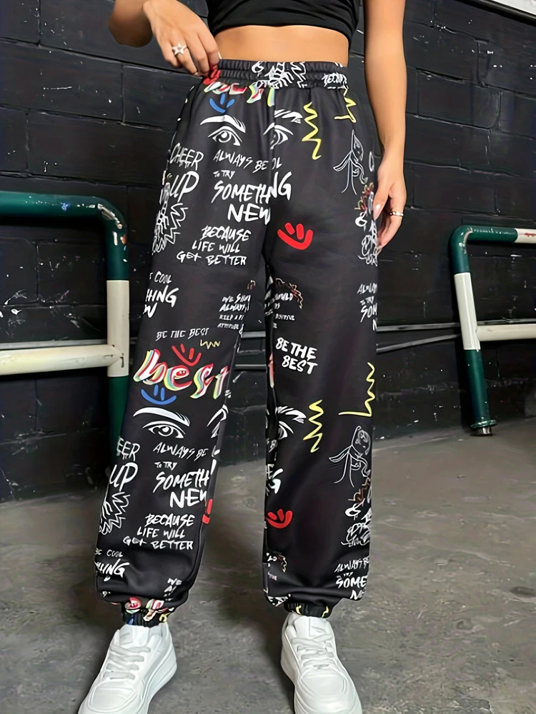 Women's Elastic Waist Slogan Printed Sweatpants Sports Casual Polyester Material Elasticated Waist Trousers