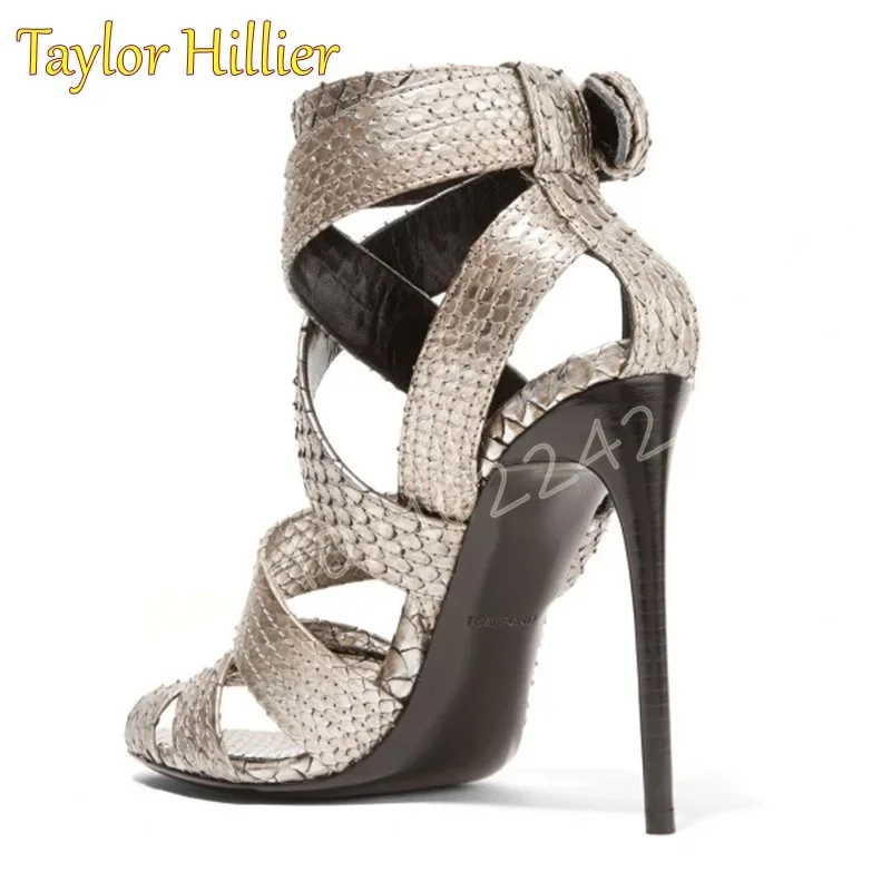 Summer Snake Pattern Buckle Strap High Heels Open Toe Round Head Stiletto Dress Shoes Elegant Party Dress Evening Women Sandals