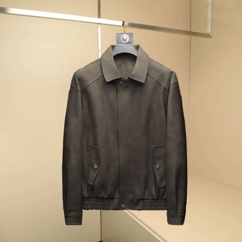 

Мужская кожаная куртка премиум-класса в стиле ретро, новинка 2025 года, весна-осень-зима, с флисовой подкладкой, в байкерском стиле, с воротником, для мотоциклистов