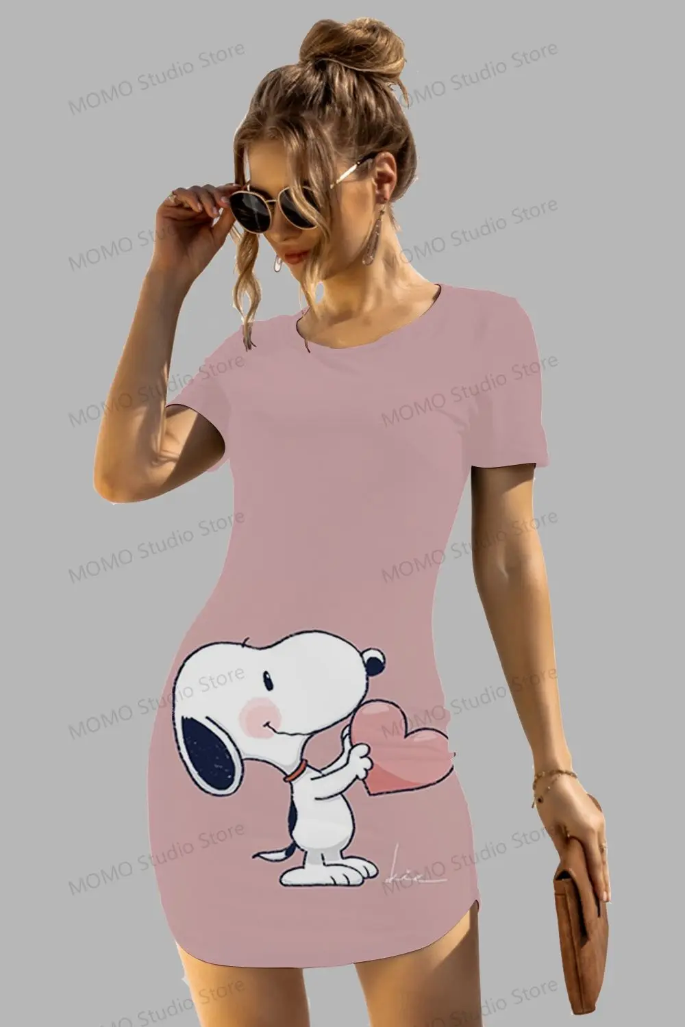 Vestido picante de manga curta com o decote Kawaii Snoopy Hip, elegante moda boho, novo, verão, Y2K, S to 3XL, 2024