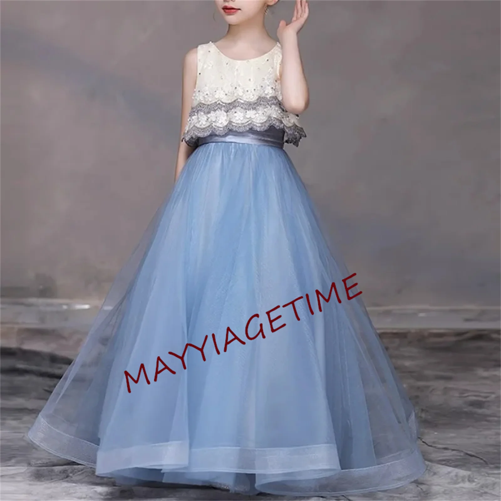 Simple Elegant Sleeveless Flower Girls Dresses O-neck Slim Waist Kid Birthday Party Robe Mesh Design Tiered Princess Dress