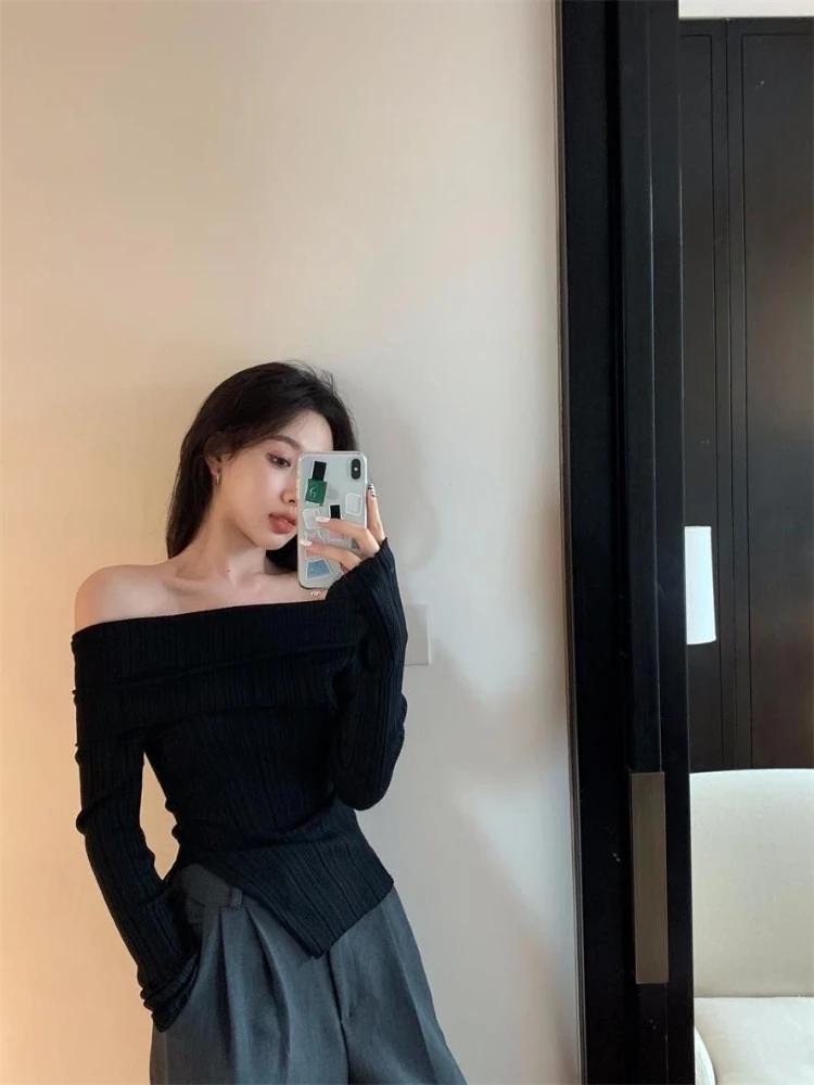 Deeptown Korean Fashion Black Knitted Sweater Women Harajuku Sexy Slim Off Shoulder Jumper Elegant Casual Crop Tops Streetwear