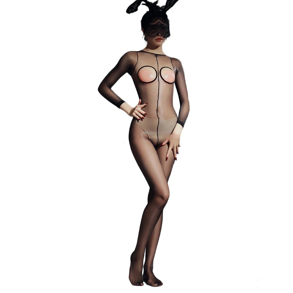 오픈 체스트 바디수트 여성용 풀 바디스타킹 점프수트 오일 샤이니 울트라 씬 팬티스타킹 레이디 오픈 크로치 레오타드 에로틱 란제리