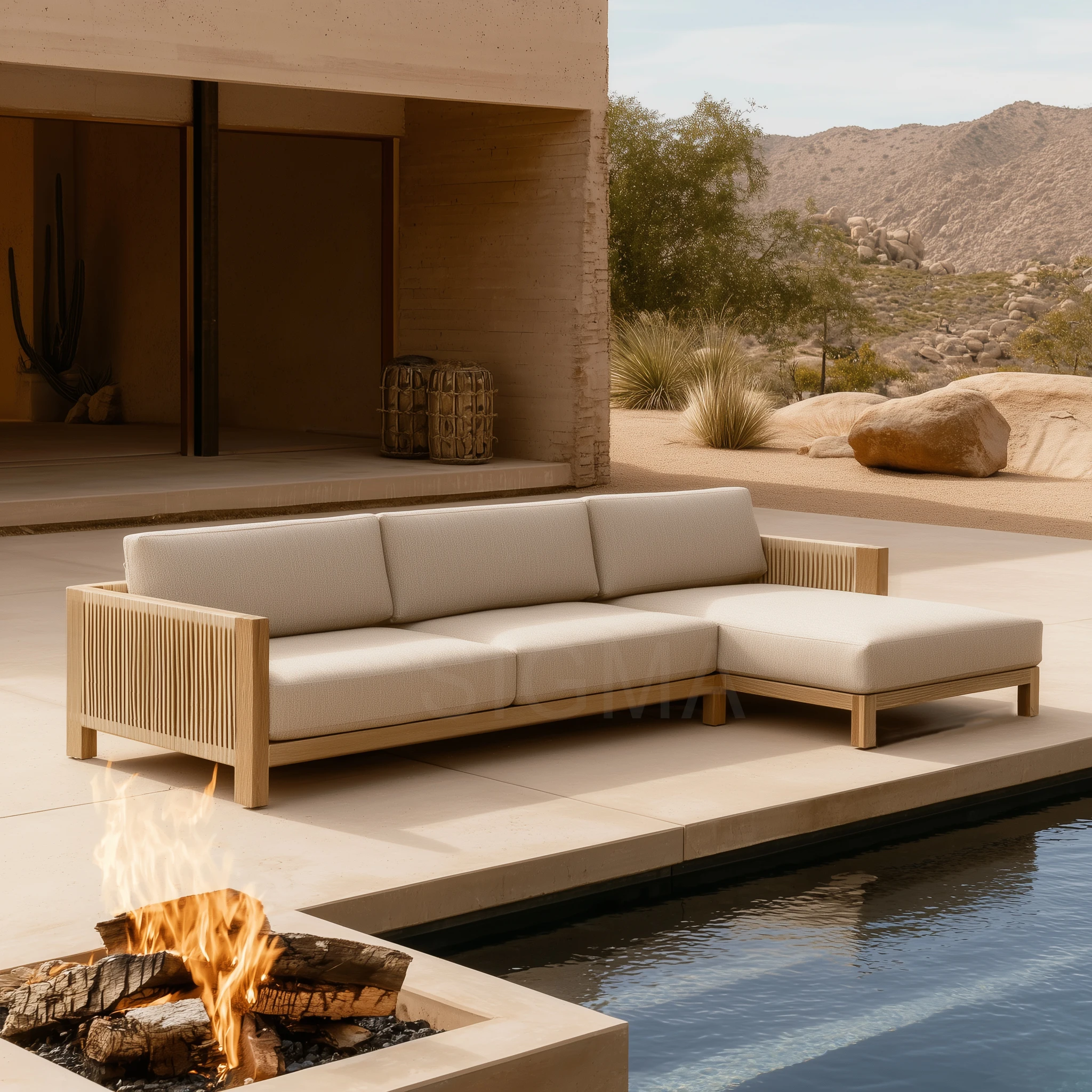 Minimalist Teak Frame Rope Sofa Boho Style Coastal Home Vacation Condo Terraces