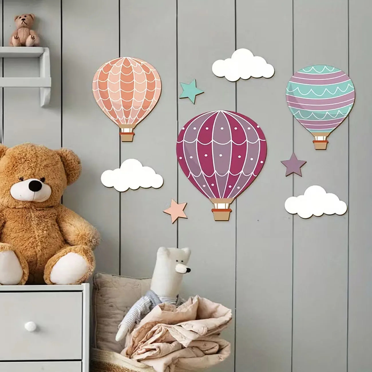 Hot Air Balloon Cloud Star Wooden Wall Decor with Nano Tape No Drilling for Nursery Kids Bedroom view 4