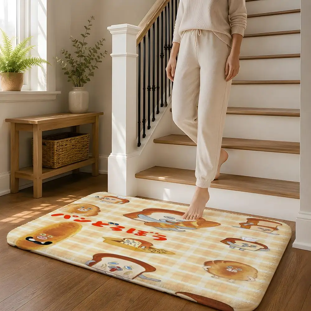 Cartoon Breads T-Thief Floor Mat Flannel Rug Non Slip Absorbent Soft Washable For Entryway Hallway Bathroom Kitchen Decor