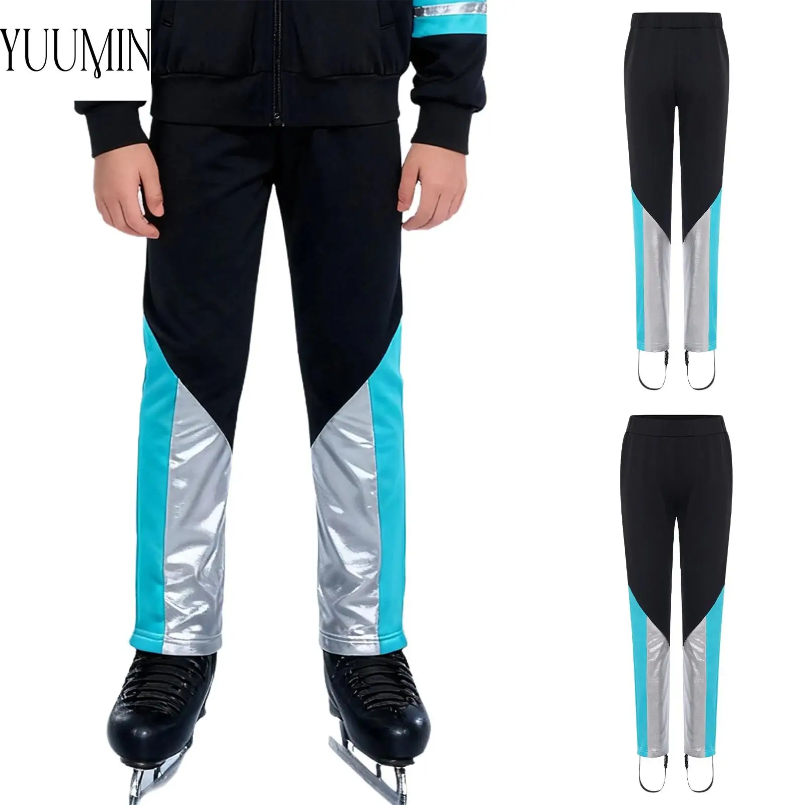 

Kids Boy Stylish Figure Skating Training Pants Elastic Waistband Warm Fleece-Lined Color Block Trousers for Practice Performance
