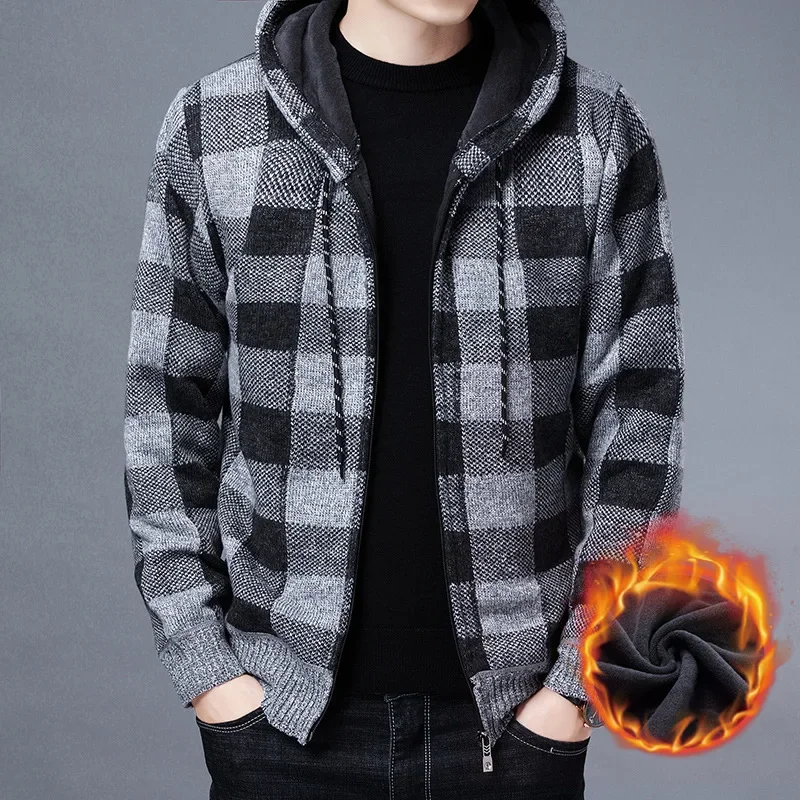 

Men Sweater Jacket Fashion Winter Coat Fleece Hoodies High Quality Luxury Checkered Hooded Knit Cardigan Male Outer Wear