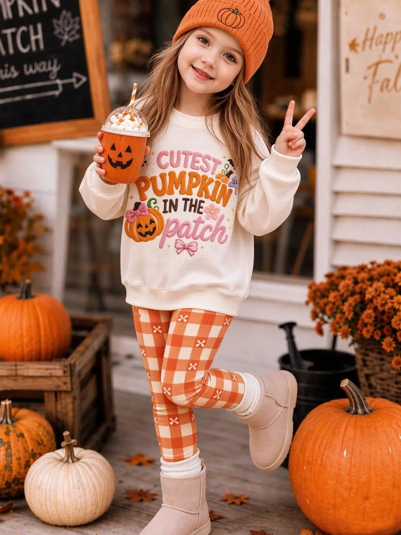 Girls' Halloween Pumpkin Print Sweatshirt Set, Cute Bow Letter Print Long-Sleeved Top Paired with Orange and White Plaid Leggings Two-Piece Set Suitable for Girls Aged 4-12, Autumn and Winter Clothing