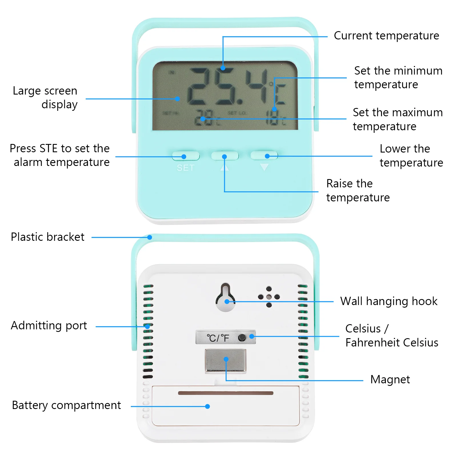

Indoor Outdoor Thermometer Probe Desktop Temperature Gauge High Low Alert Magnetic Stand Temperature Meter Digital Measuring