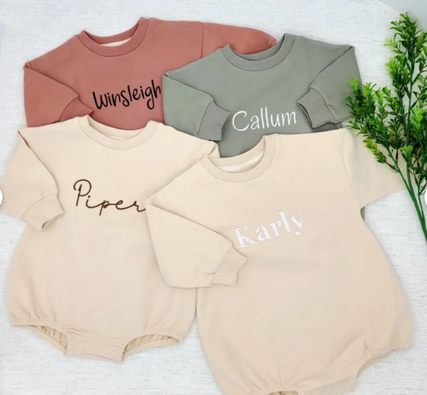 Embroidered Name Newborn Baby Girl Boy Solid Color Cotton Romper Infant Toddler Long Sleeve Jumpsuit Spring Hoodie Baby Clothes