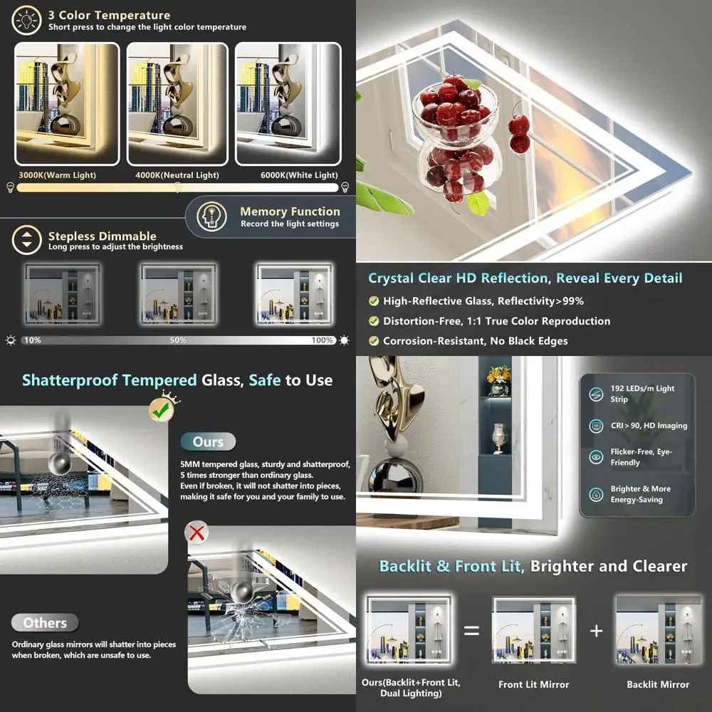 

40x24 Inch LED-Illuminated Bathroom Mirror, Anti-Fog with 3 Color Options, Dimmable, Tempered Glass Vanity