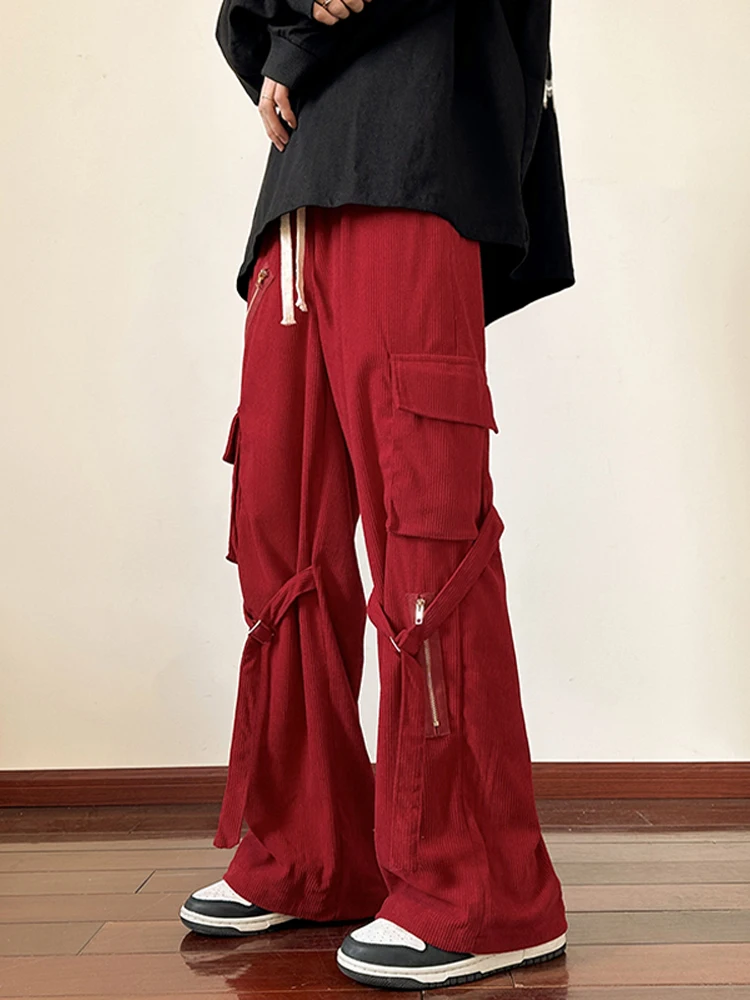 Red Wine Color Men's Workwear Pants Straight Leg American Hiphop Drapey Trousers Casual Wide Leg Pants Anti-Wrinkle Micro-Ela...