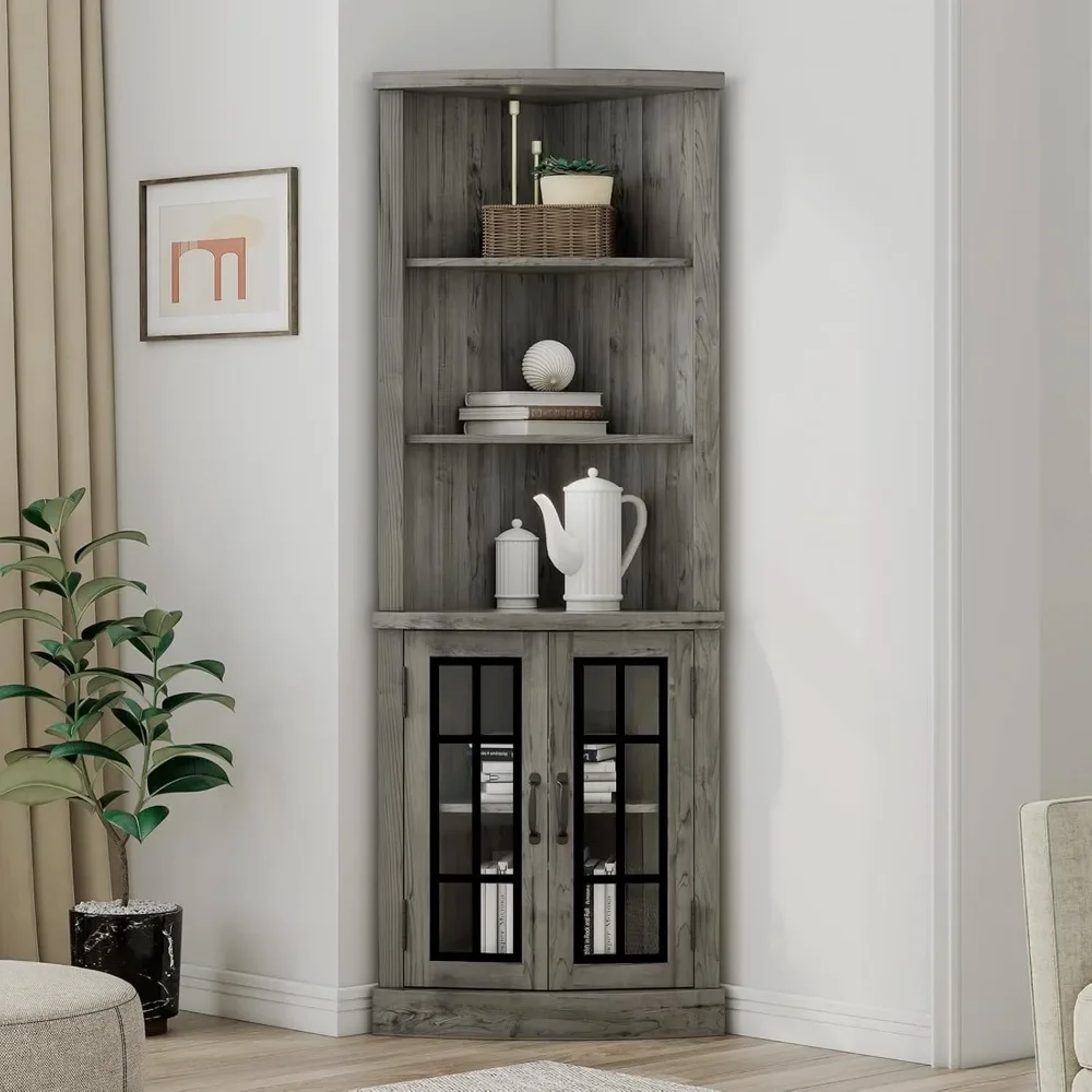 

65" Tall Display Cabinet with Glass Doors & Adjustable Shelves, Curved Corner Storage Cabinets, 5-Tier Display Cabinet