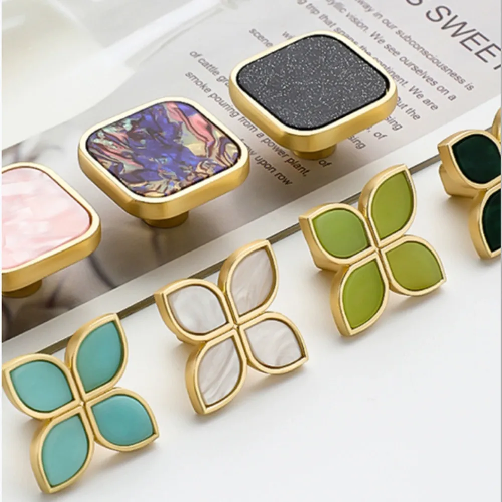 Modern Simple Fashion Four-Leaf Clover Colored Shell Drawer Cupboard Dresser Cabinet Door Knob Stain Brass Wall Clothes Key Hook