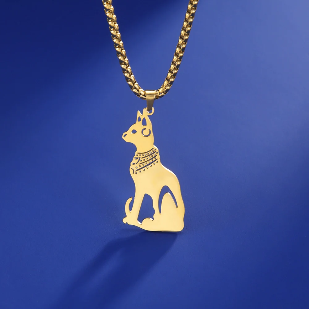 LIKGREAT Anubis Dog Cat Ancient Egyptian Ankh Cross Pendant Necklace Stainless Steel Men Goddess Cat Bastet Eye of Horus Amulet