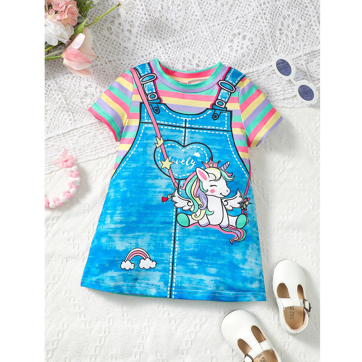 Summer girl's short sleeved round neck cartoon unicorn rainbow stripe print cute casual fashion blue dress