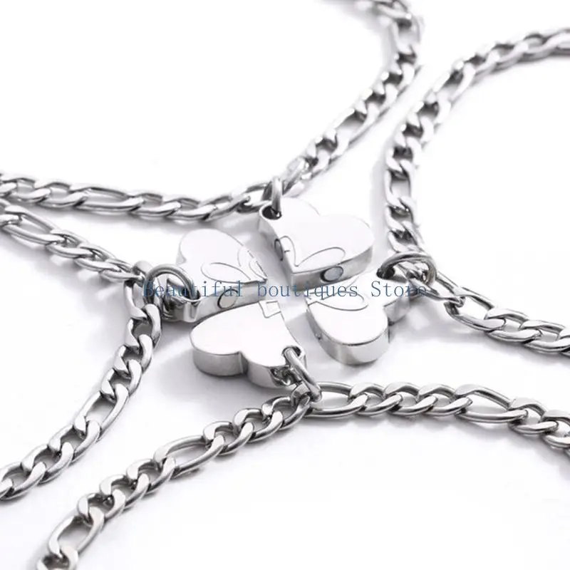 U4LF 3/4Pcs Clover Pattern Wristband Matchhing Magnet Heart Pendant Bracelet Jewelry