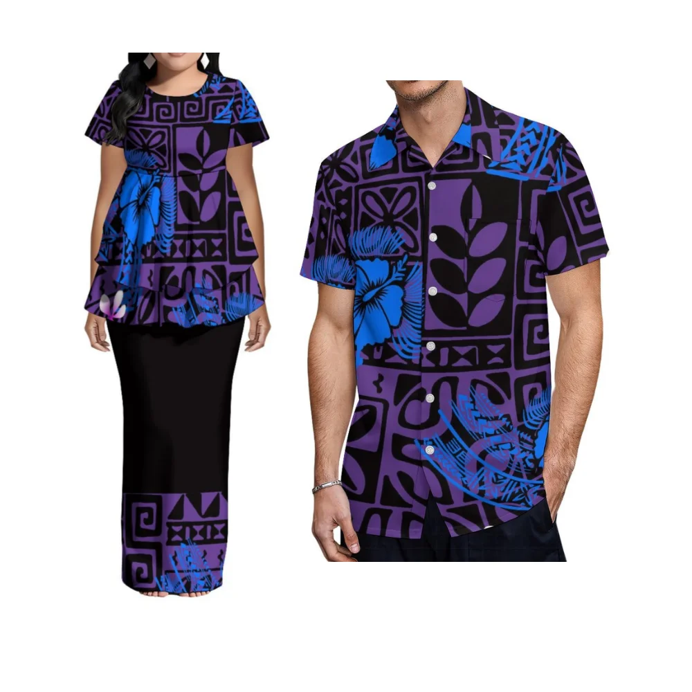 Artistic Custom-Made Dress Patterns Polynesian Couple Outfit Double-Layered Hemmed Short-Sleeved Puletasi Set Of Clothes